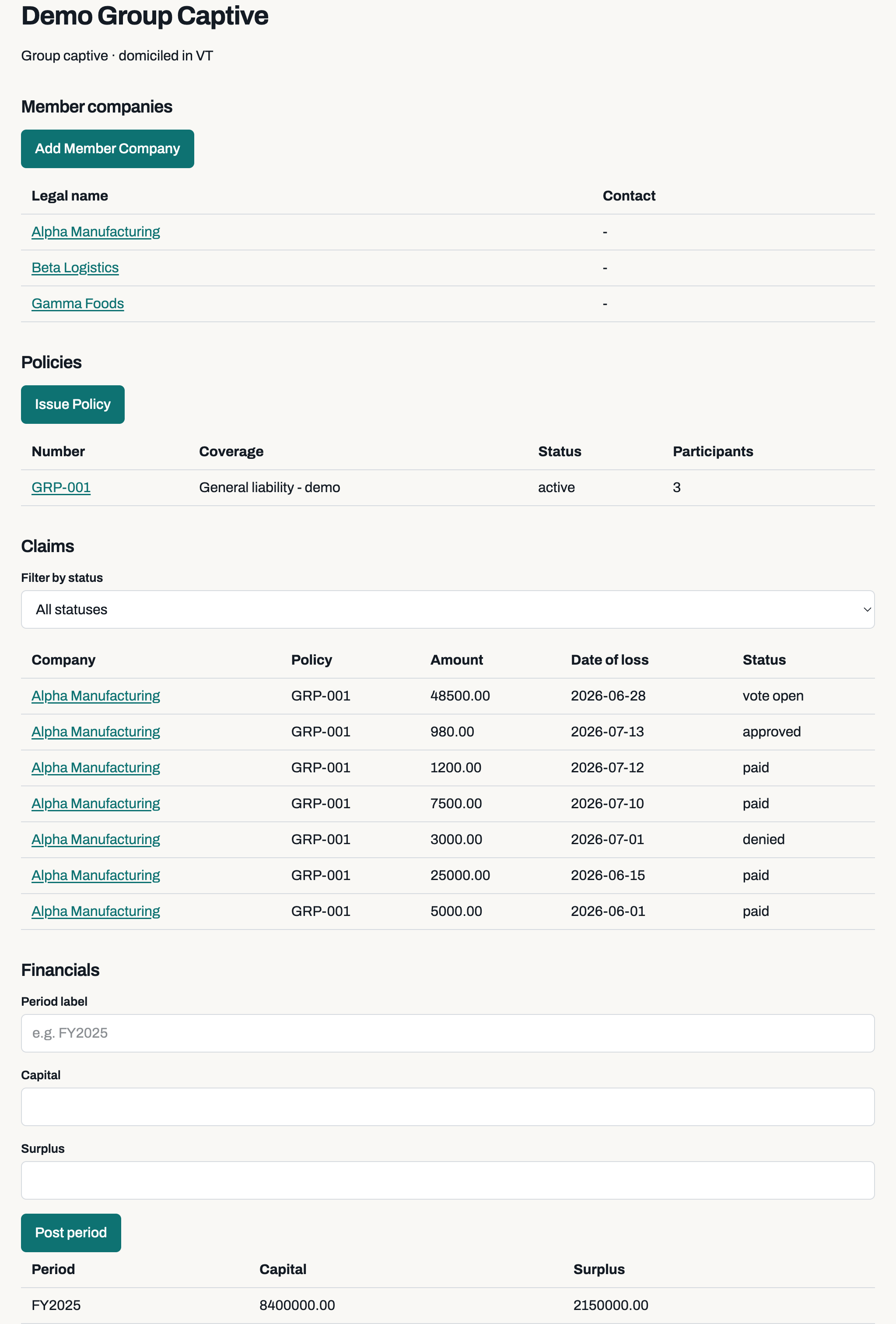 The admin app's captive page: three member companies, an active policy with three participants, a claims table spanning vote open, approved, paid and denied statuses, and a posted FY2025 financial period.