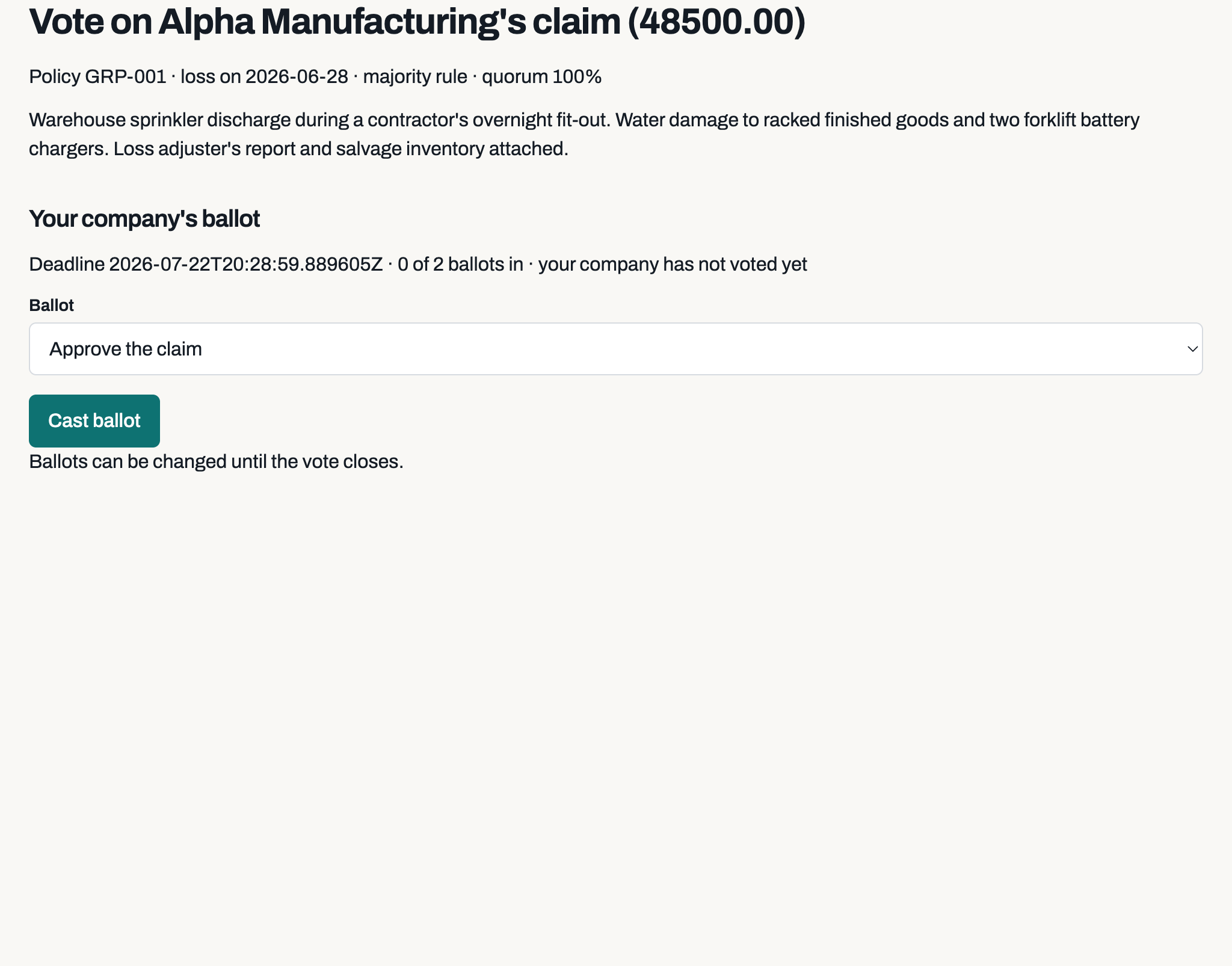 The member portal's vote page: a member company casting its ballot on another member's 48,500 claim, showing the majority rule, 100 percent quorum, deadline and how many ballots are in.